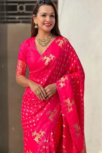 pink art silk banarasi saree with woven design work