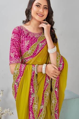 Embroidered chiffon bandhani saree with unstitched blouse piece