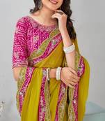 lime chiffon bandhani saree with embroidered design
