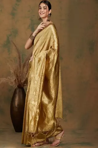 gold art silk banarasi saree with woven design work