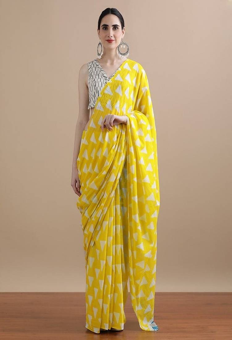Geometric printed pure cotton saree