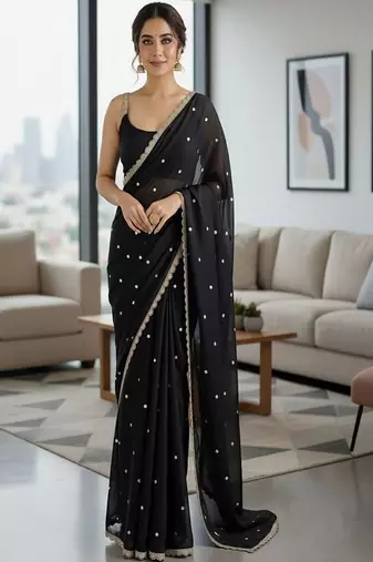 Embellished sequinned silk blend heavy work saree