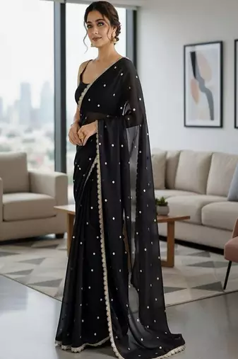 Embellished sequinned silk blend heavy work saree