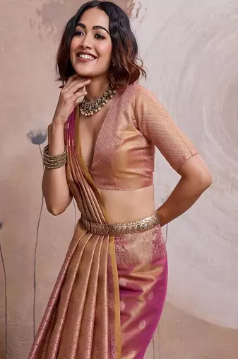 magenta tissue banarasi saree with woven zari work