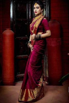 maroon art silk kanjeevaram saree with woven zari design 1