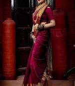 maroon art silk kanjeevaram saree with woven zari design