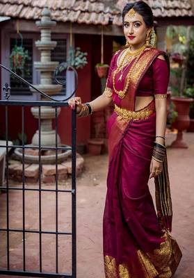 maroon art silk kanjeevaram saree with woven zari design 2