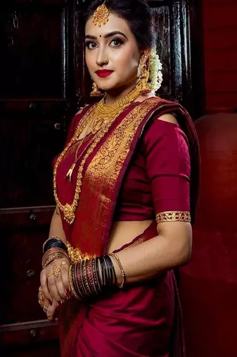 maroon art silk kanjeevaram saree with woven zari design
