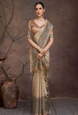 beige art silk banarasi saree with woven zari design 1