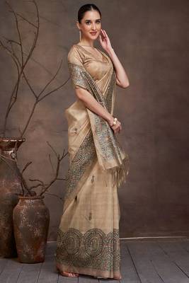 beige art silk banarasi saree with woven zari design 2