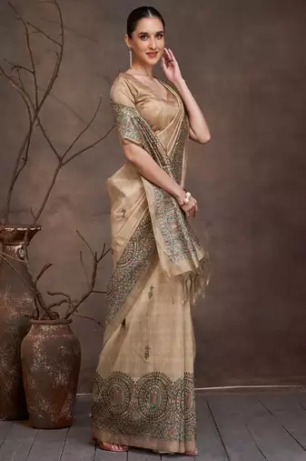 beige art silk banarasi saree with woven zari design