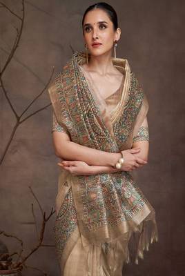 beige art silk banarasi saree with woven zari design 4