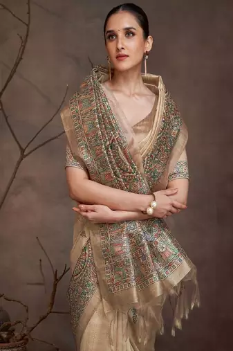 beige art silk banarasi saree with woven zari design