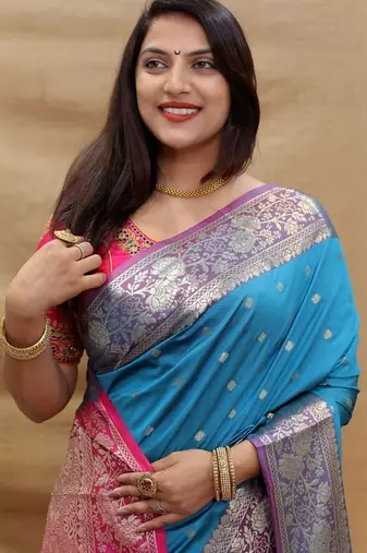 blue art silk banarasi saree with zari weave