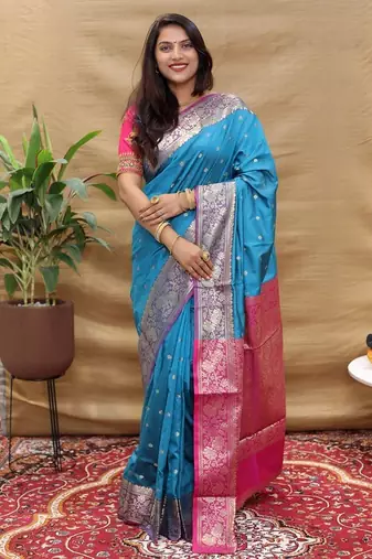 blue art silk banarasi saree with zari weave