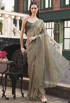 brown polyester saree with mirror detail work 1
