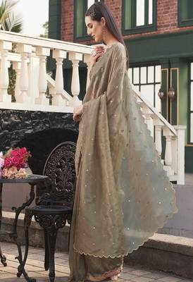 brown polyester saree with mirror detail work 2