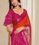 orange art silk saree with woven bandhani design