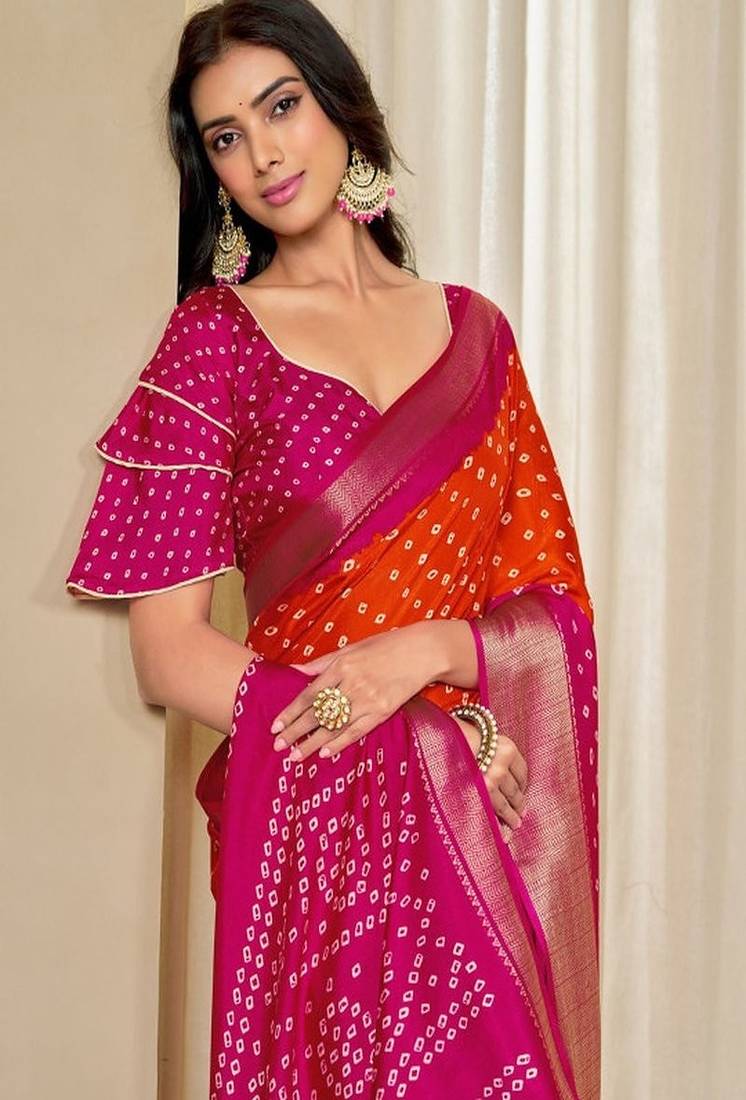 Kalini women dola silk bandhani print zari border saree