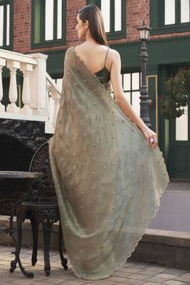 brown polyester saree with mirror detail work 3