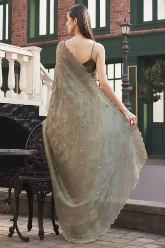 brown polyester saree with mirror detail work