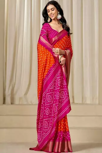 orange art silk saree with woven bandhani design