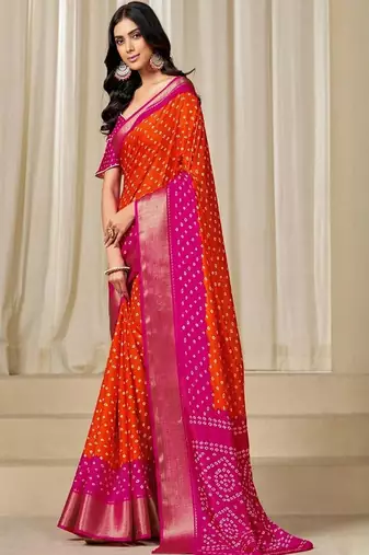 orange art silk saree with woven bandhani design