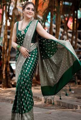 green art silk kanjeevaram saree with woven zari motifs 2