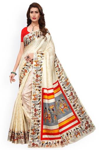 Off-white khadi silk printed khadi saree