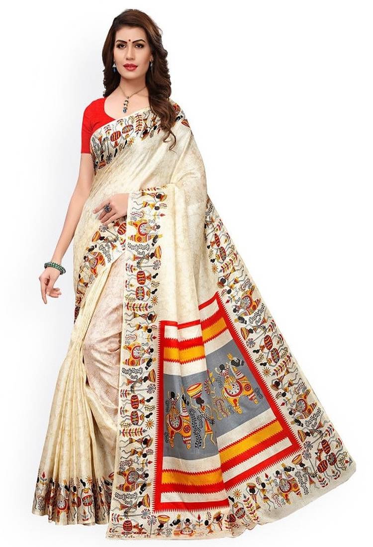 Off-white khadi silk printed khadi saree
