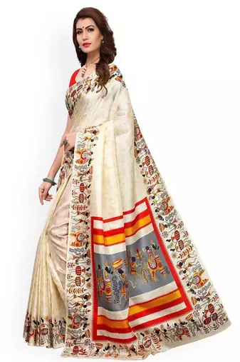Off-white khadi silk printed khadi saree