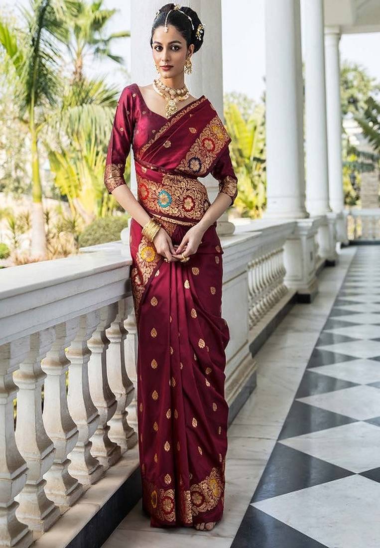 Ethnic motifs zari silk blend heavy work saree