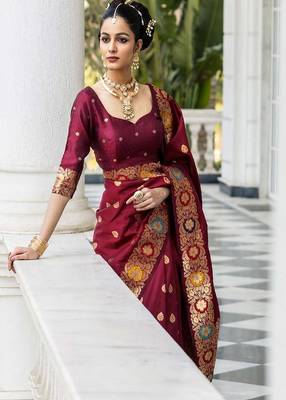 Ethnic motifs zari silk blend heavy work saree 2