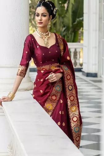 Ethnic motifs zari silk blend heavy work saree