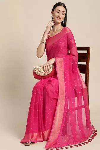 Pink & gold-toned floral zari pure chiffon saree