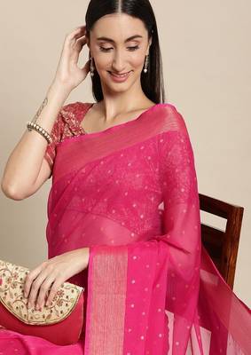 Pink & gold-toned floral zari pure chiffon saree 2