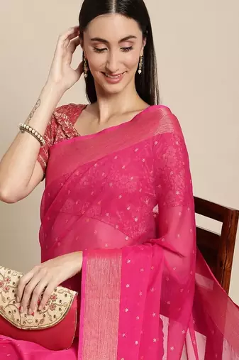 Pink & gold-toned floral zari pure chiffon saree