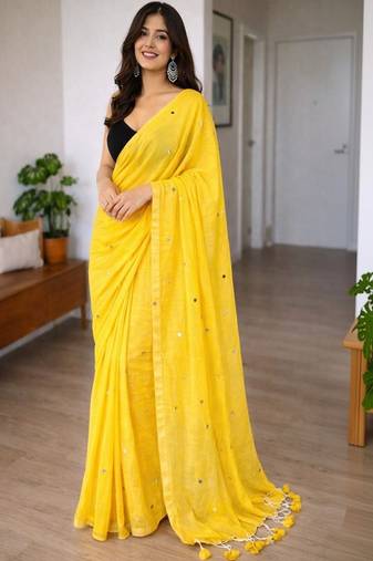 Embellished sequinned pure cotton khadi saree