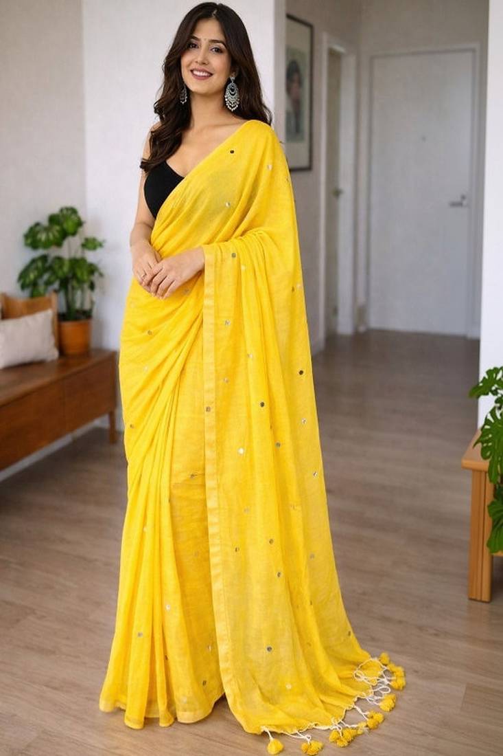 Embellished sequinned pure cotton khadi saree