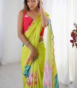 Floral printed mirror work pure chiffon saree with blouse piece