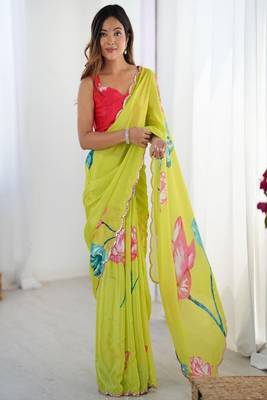 Floral printed mirror work pure chiffon saree with blouse piece 2