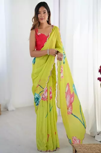 Floral printed mirror work pure chiffon saree with blouse piece