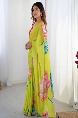 Floral printed mirror work pure chiffon saree with blouse piece 3