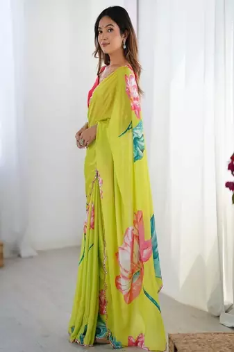 Floral printed mirror work pure chiffon saree with blouse piece