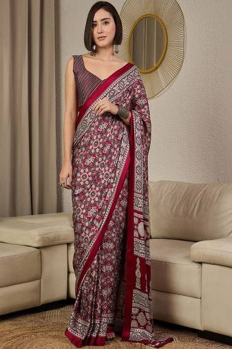 Ajrak printed pure crepe block print ready to wear saree with unstitched blouse