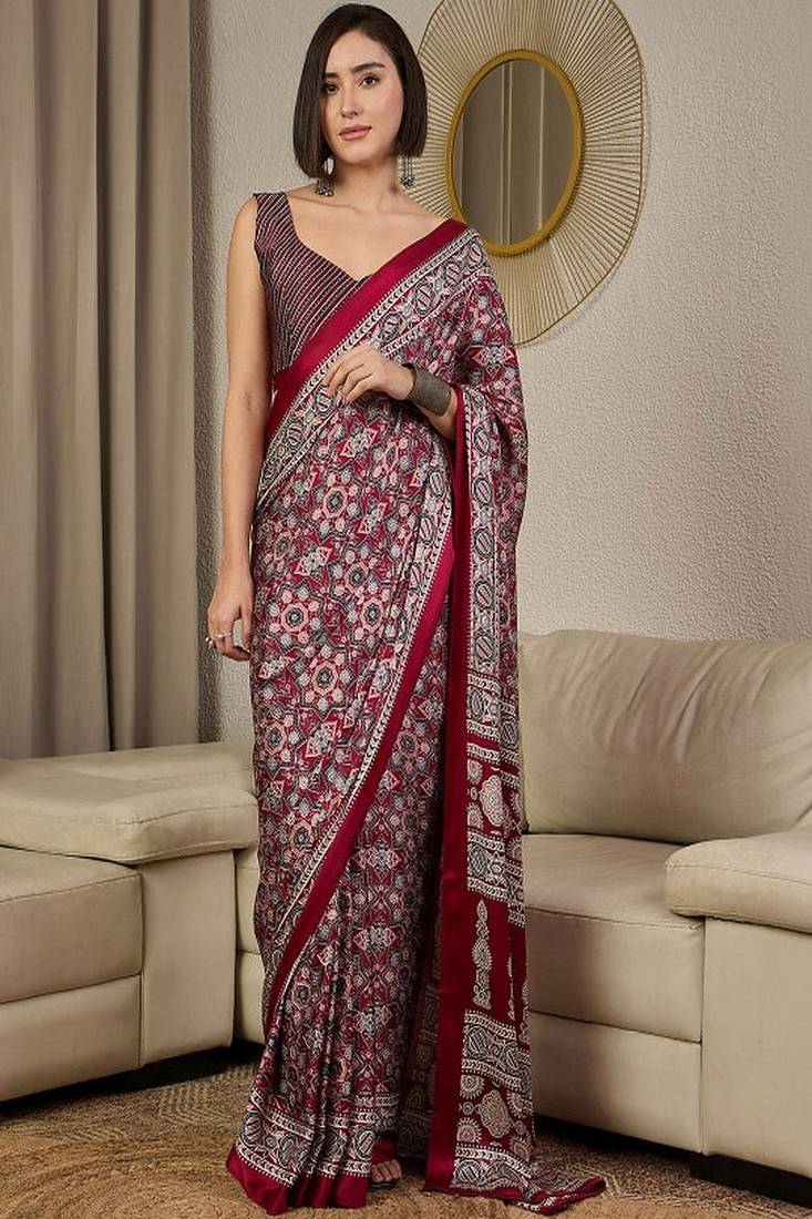 Ajrak printed pure crepe block print ready to wear saree with unstitched blouse