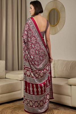 Ajrak printed pure crepe block print ready to wear saree with unstitched blouse 2