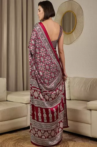 Ajrak printed pure crepe block print ready to wear saree with unstitched blouse