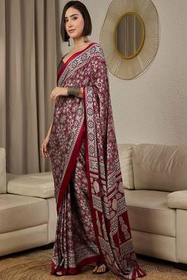 Ajrak printed pure crepe block print ready to wear saree with unstitched blouse 3
