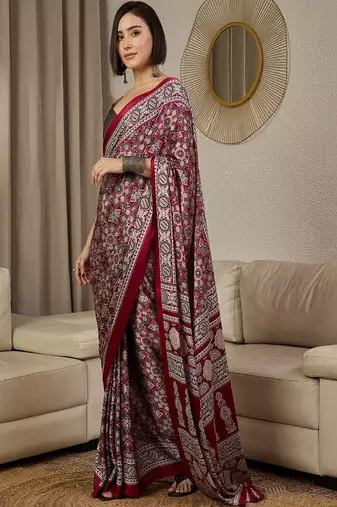Ajrak printed pure crepe block print ready to wear saree with unstitched blouse